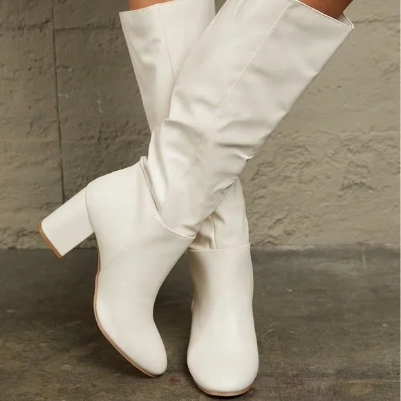 Block Heel Knee High Boots in White - Picture 3 of 5